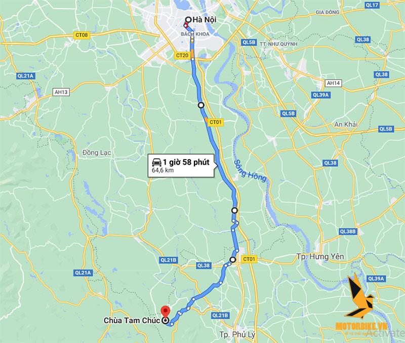 bản đồ đường từ Hà Nội đến Tam Chúc chi tiết